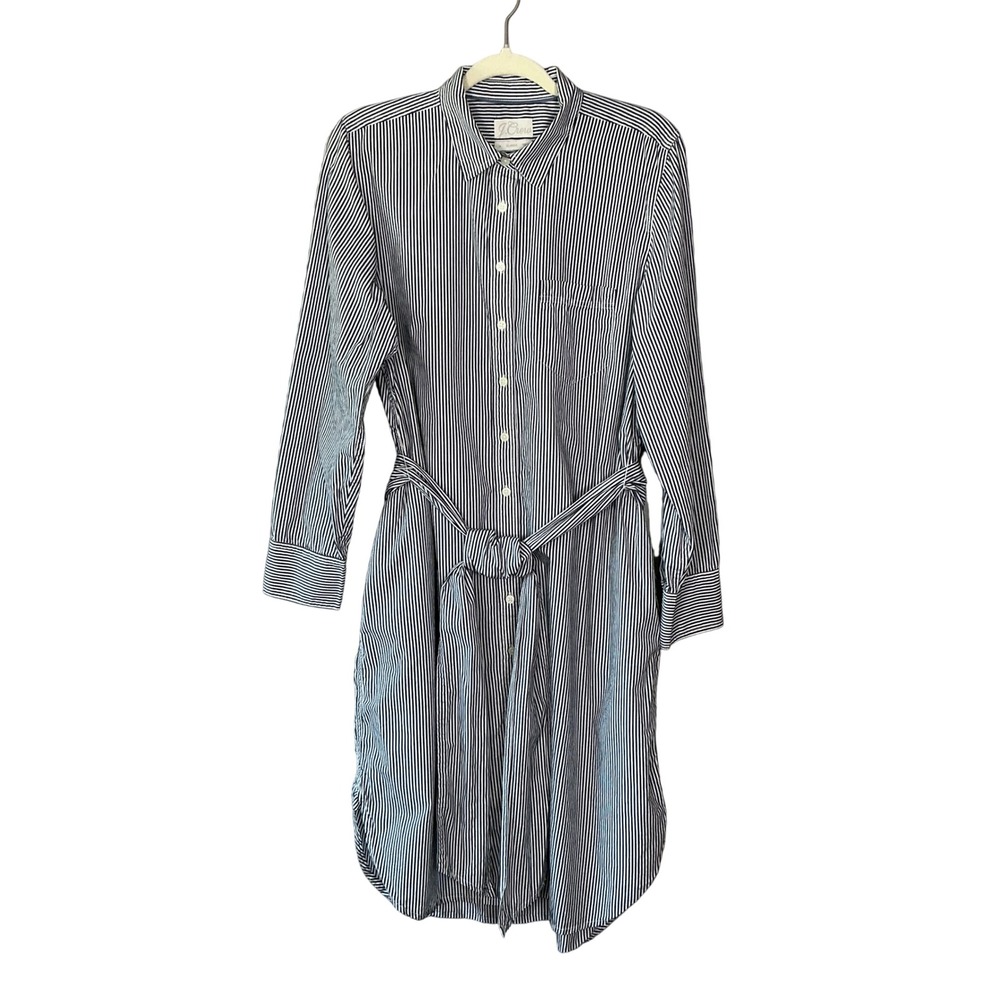 J.Crew Womens Navy Blue White Striped Long Sleeve Tie Waist Shirt Dress Size 14